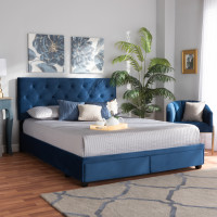 Baxton Studio Caronia-Navy-King Caronia Modern and Contemporary Navy Blue Velvet Fabric Upholstered 2-Drawer King Size Platform Storage Bed
